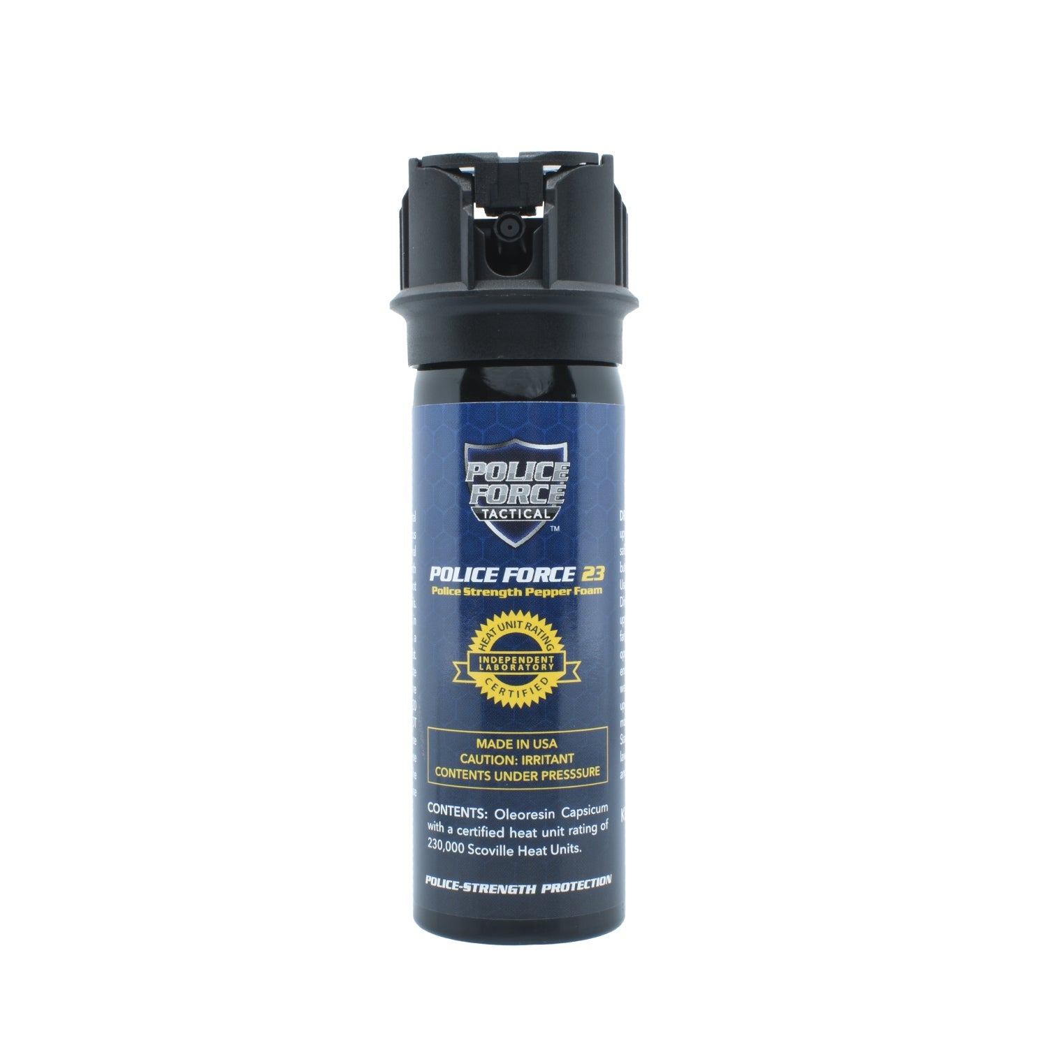 Police Force 23 Pepper Foam 3 oz – high-strength self-defense spray featuring a flip-top safety lock and foam delivery system to minimize blowback and enhance accuracy in close-quarters situations, in white background.