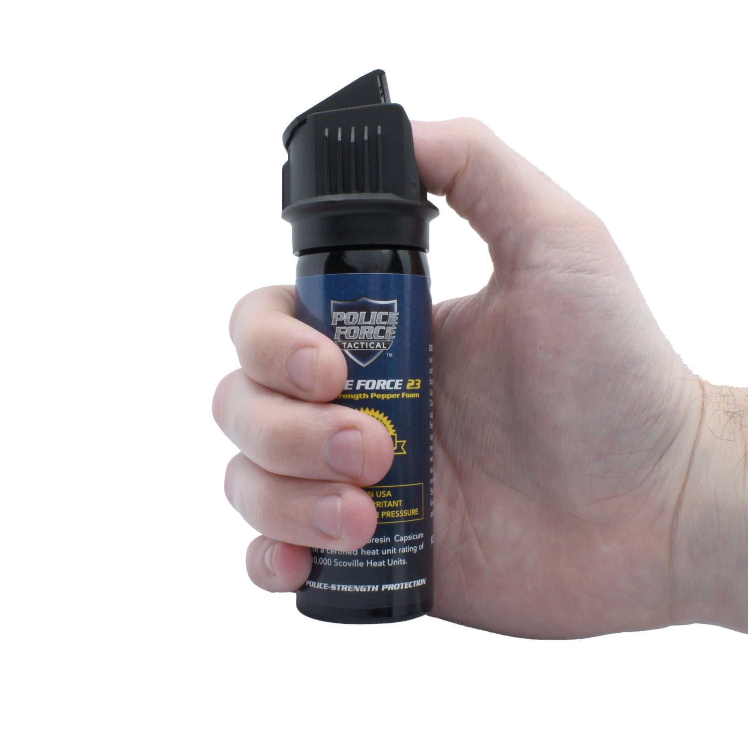 Someone holding Police Force 23 Pepper Foam 3 oz – high-strength self-defense spray featuring a flip-top safety lock and foam delivery system to minimize blowback and enhance accuracy in close-quarters situations, in white background.