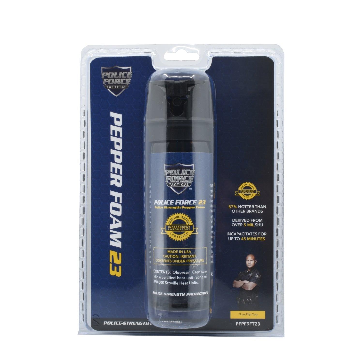 Package for Police Force 23 Pepper Foam 3 oz – high-strength self-defense spray featuring a flip-top safety lock and foam delivery system to minimize blowback and enhance accuracy in close-quarters situations, in white background.