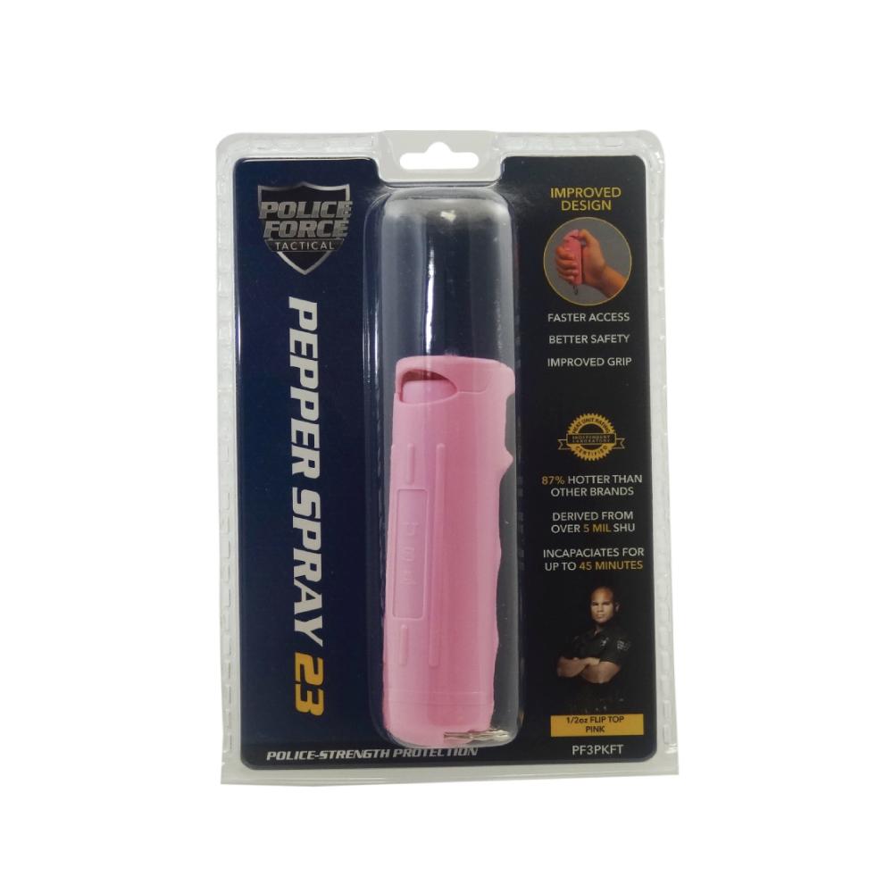 Police Force 23 stream pepper spray 0.5oz with flip top safety cap - compact personal defense spray, on white background.