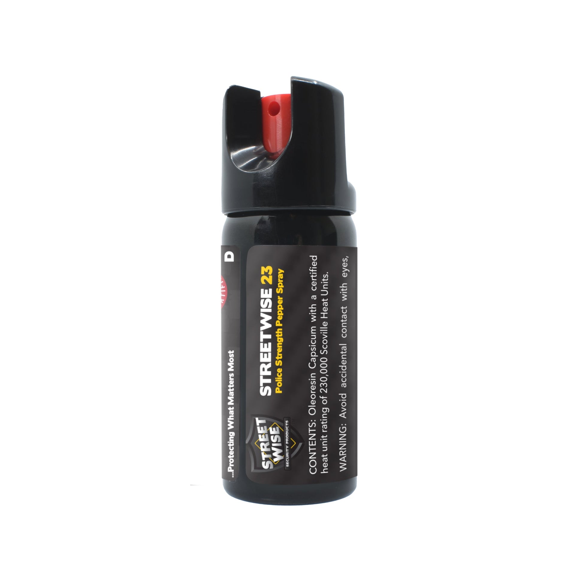 Close-up of Police Force 23 Stream Pepper Spray 2oz with Twist Lock - powerful self-defense spray featuring a secure twist-lock safety mechanism and a focused stream delivery for maximum range and accuracy, in white background.