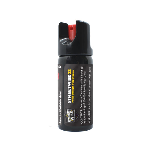 Close-up of Police Force 23 Stream Pepper Spray 2oz with Twist Lock - powerful self-defense spray featuring a secure twist-lock safety mechanism and a focused stream delivery for maximum range and accuracy, in white background.