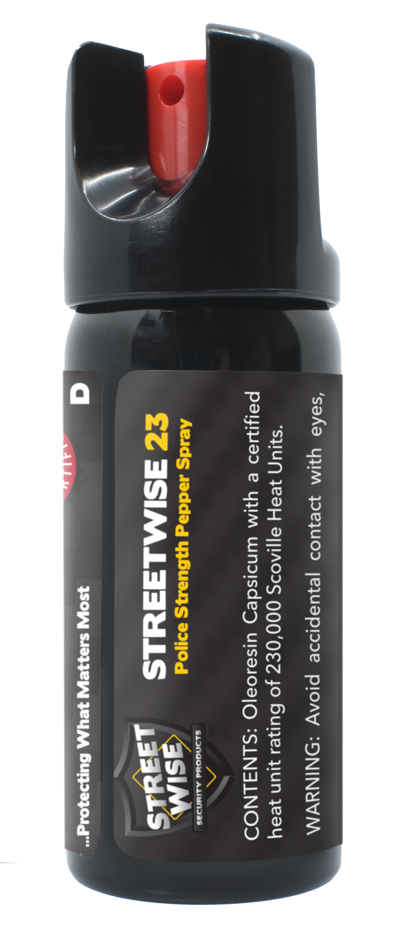 Close-up of Police Force 23 Stream Pepper Spray 2oz with Twist Lock - powerful self-defense spray featuring a secure twist-lock safety mechanism and a focused stream delivery for maximum range and accuracy, in checkered background.