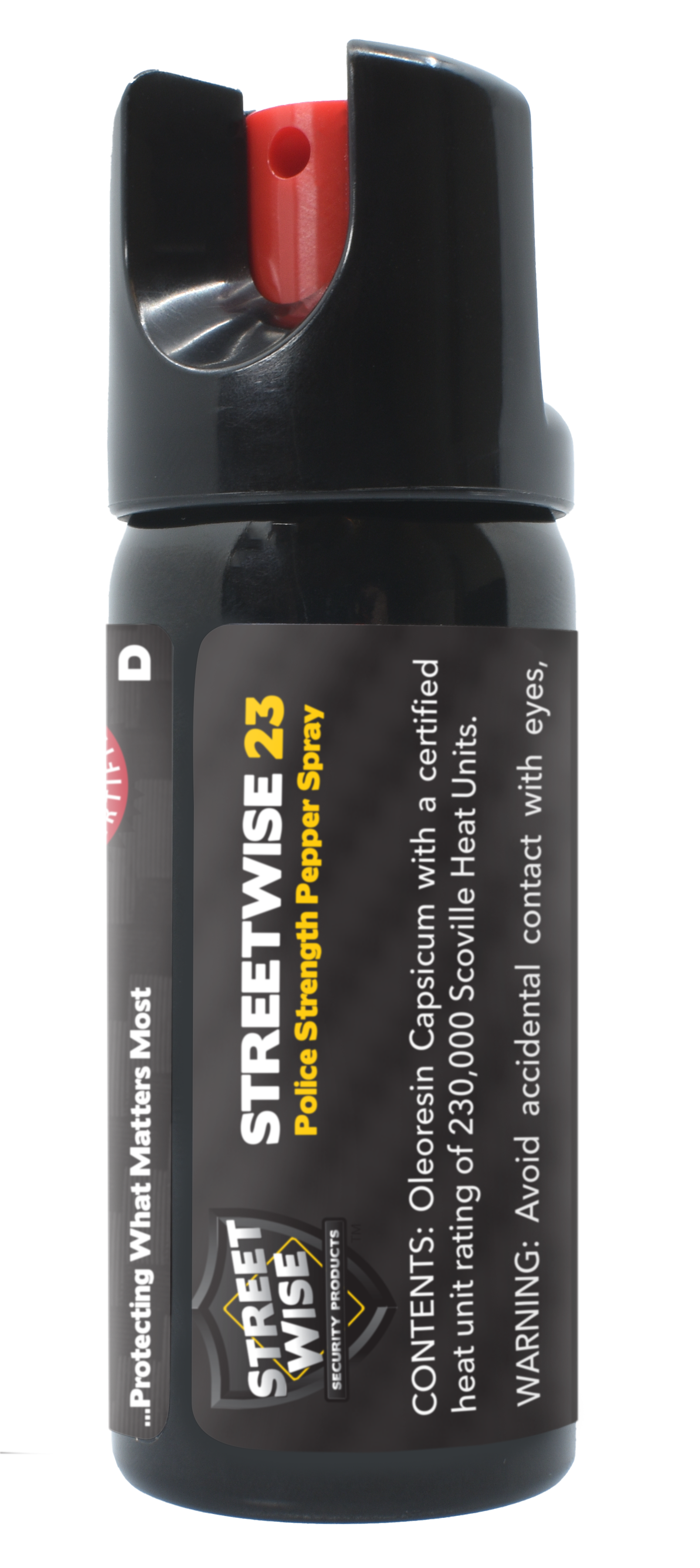 Close-up of Police Force 23 Stream Pepper Spray 2oz with Twist Lock - powerful self-defense spray featuring a secure twist-lock safety mechanism and a focused stream delivery for maximum range and accuracy, in checkered background.