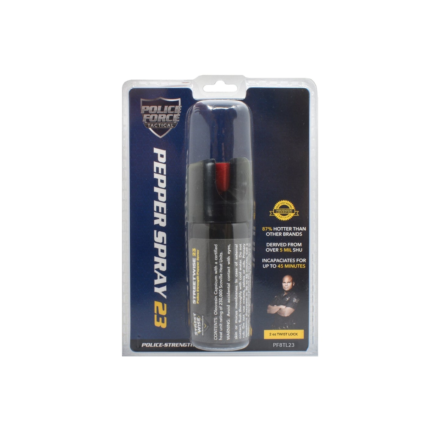 Police Force 23 Stream Pepper Spray 2oz with Twist Lock - powerful self-defense spray featuring a secure twist-lock safety mechanism and a focused stream delivery for maximum range and accuracy, in white background.