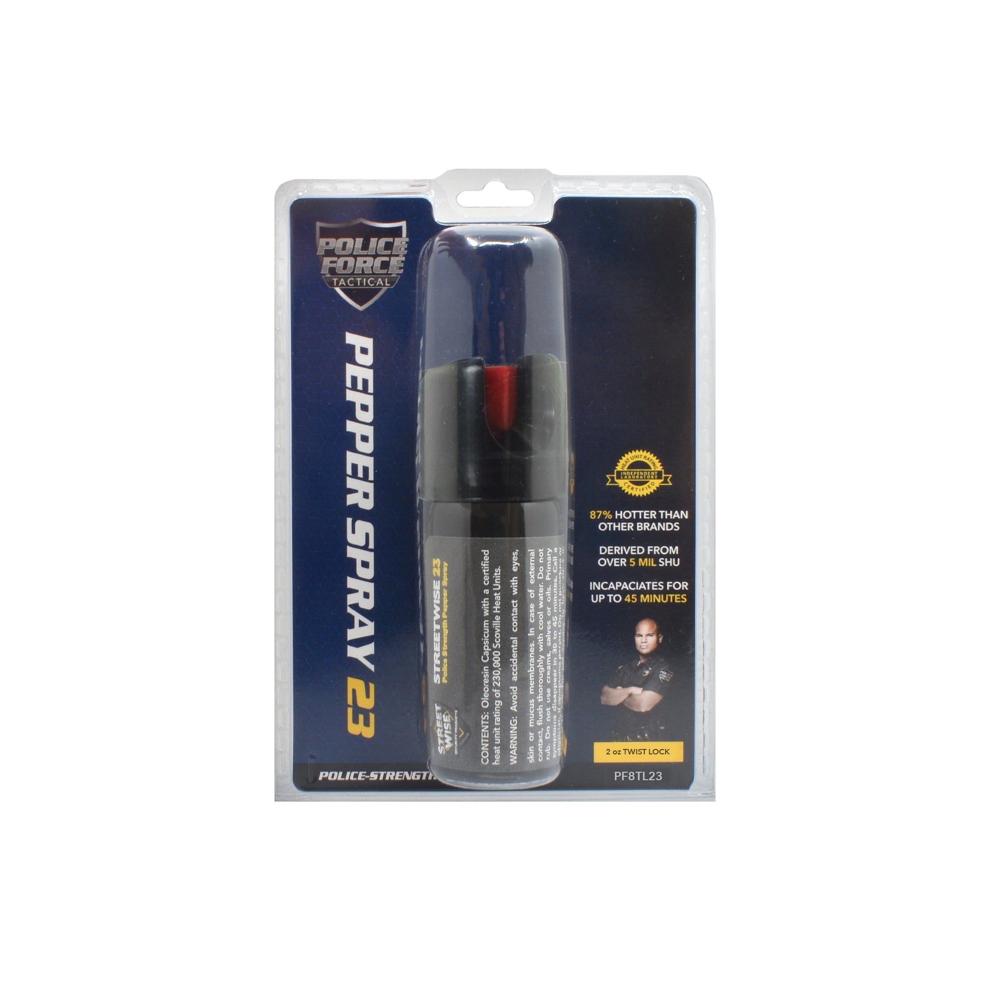 Police Force 23 Stream Pepper Spray 2oz with Twist Lock - powerful self-defense spray featuring a secure twist-lock safety mechanism and a focused stream delivery for maximum range and accuracy, in white background.