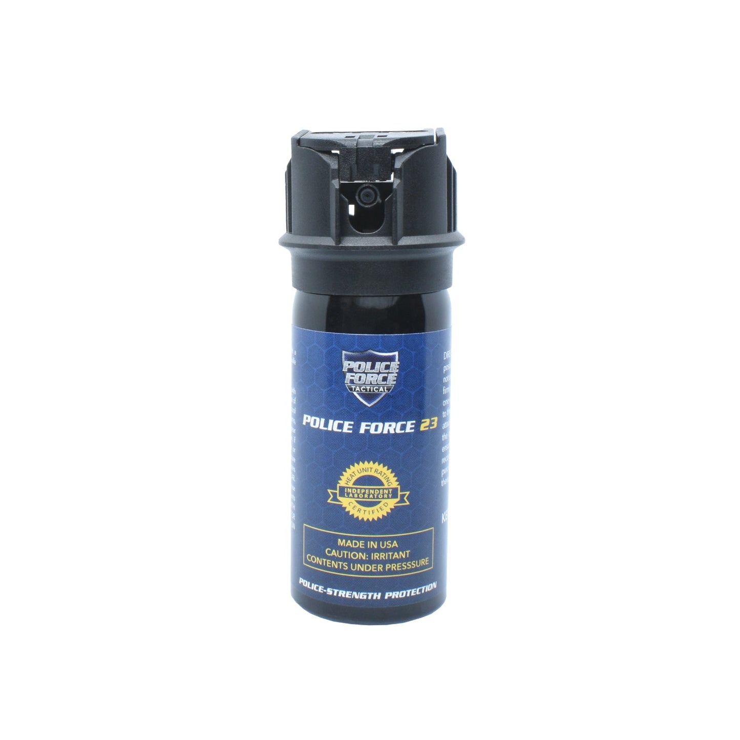 Police Force 23 stream pepper spray with flip top safety cap - compact personal defense spray, on white background.