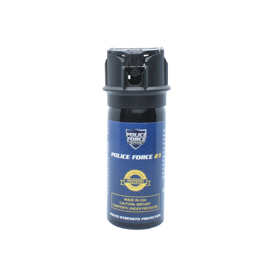 Police Force 23 stream pepper spray with flip top safety cap - compact personal defense spray, on white background.