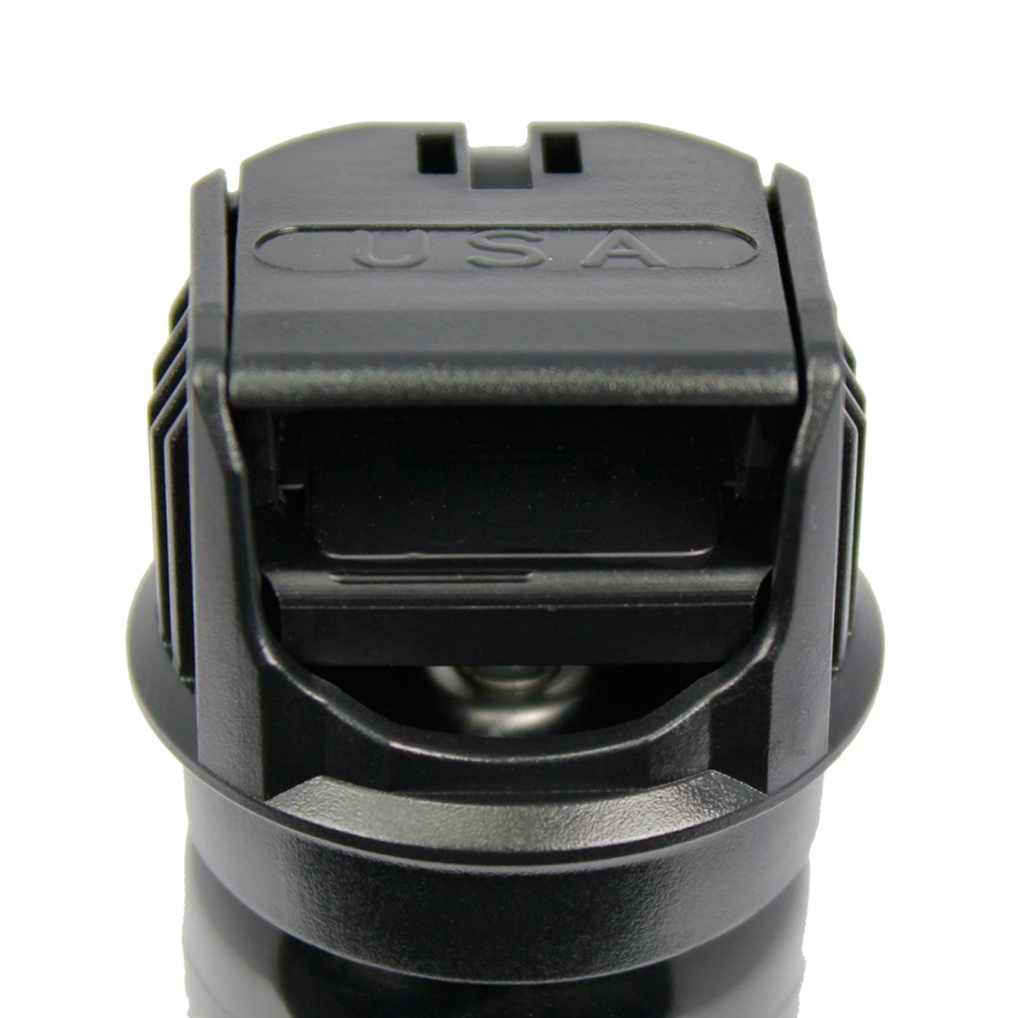 Close-up of Police Force 23 stream pepper spray with flip top safety cap - compact personal defense spray, on white background.