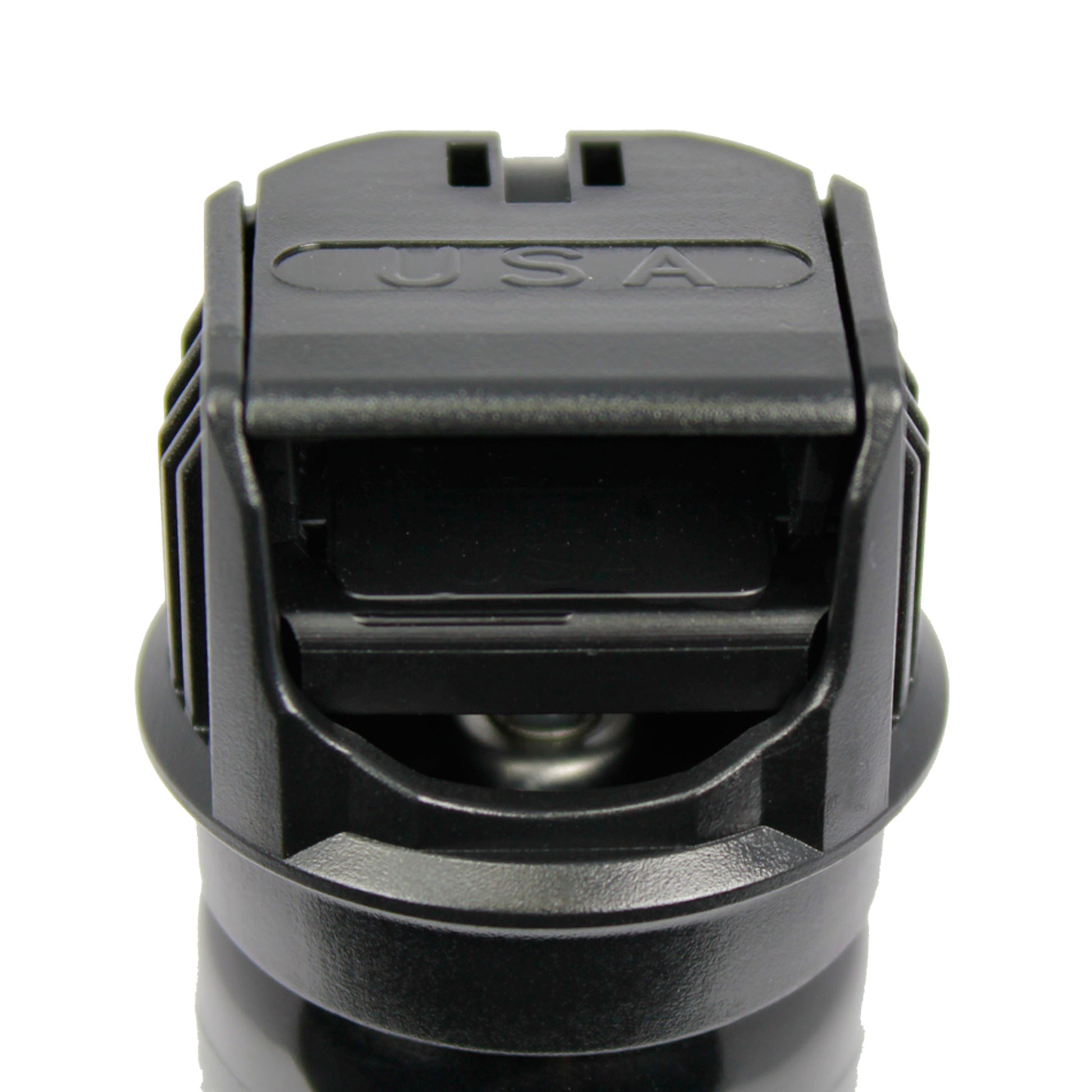 Close-up of Police Force 23 stream pepper spray with flip top safety cap - compact personal defense spray, on white background.