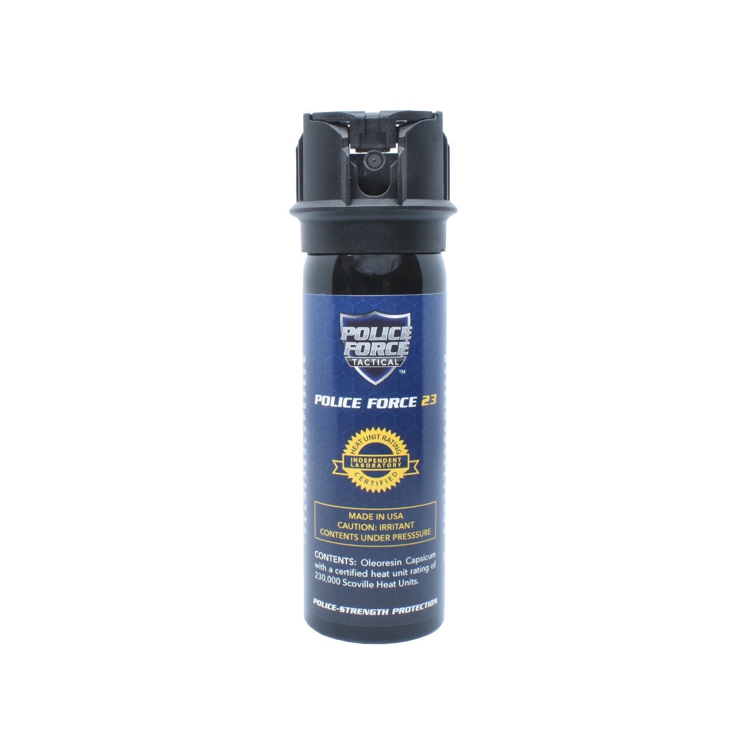 Police Force 23 stream pepper spray with flip top safety cap - compact personal defense spray, on white background.