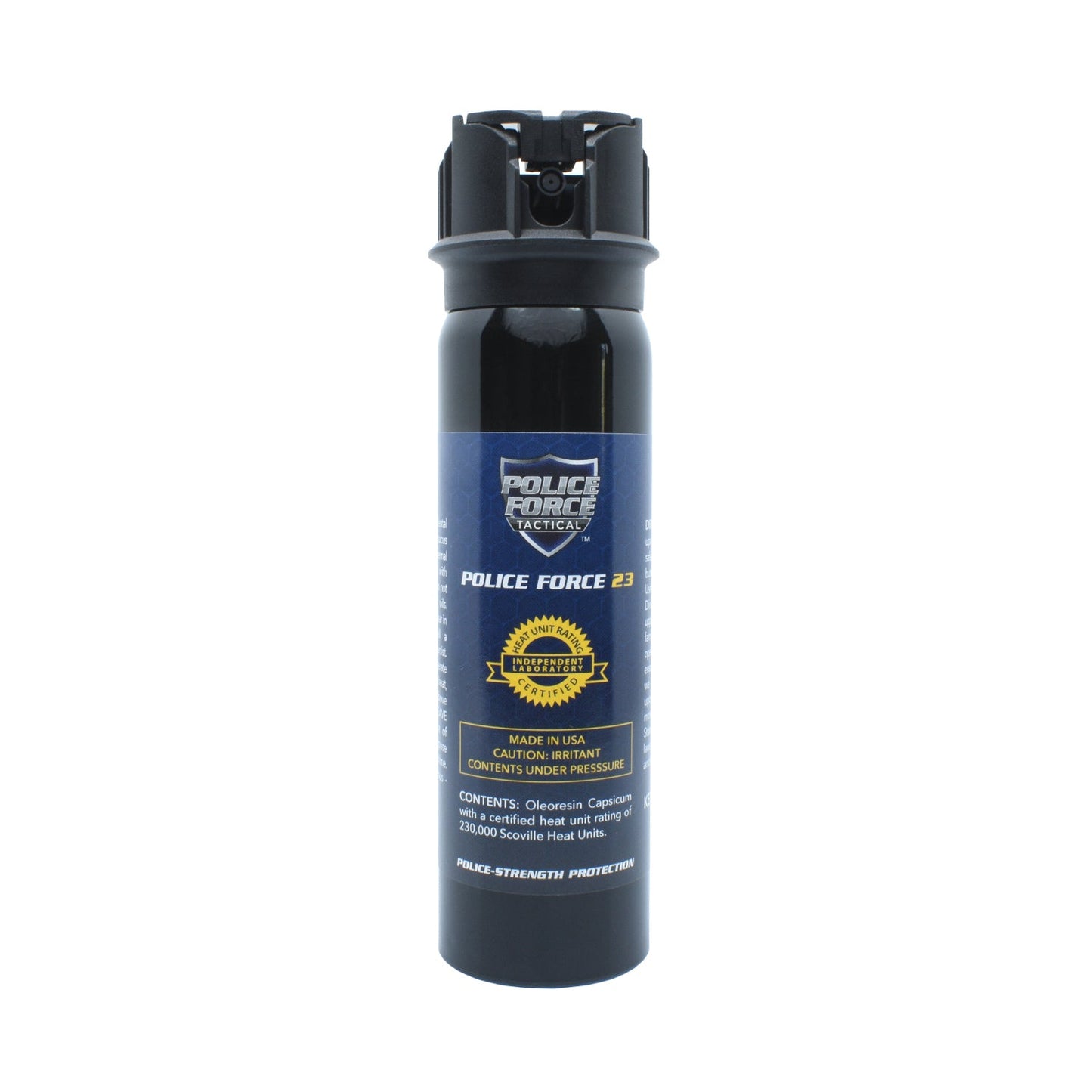 Police Force 23 stream pepper spray with flip top safety cap - compact personal defense spray, on white background.