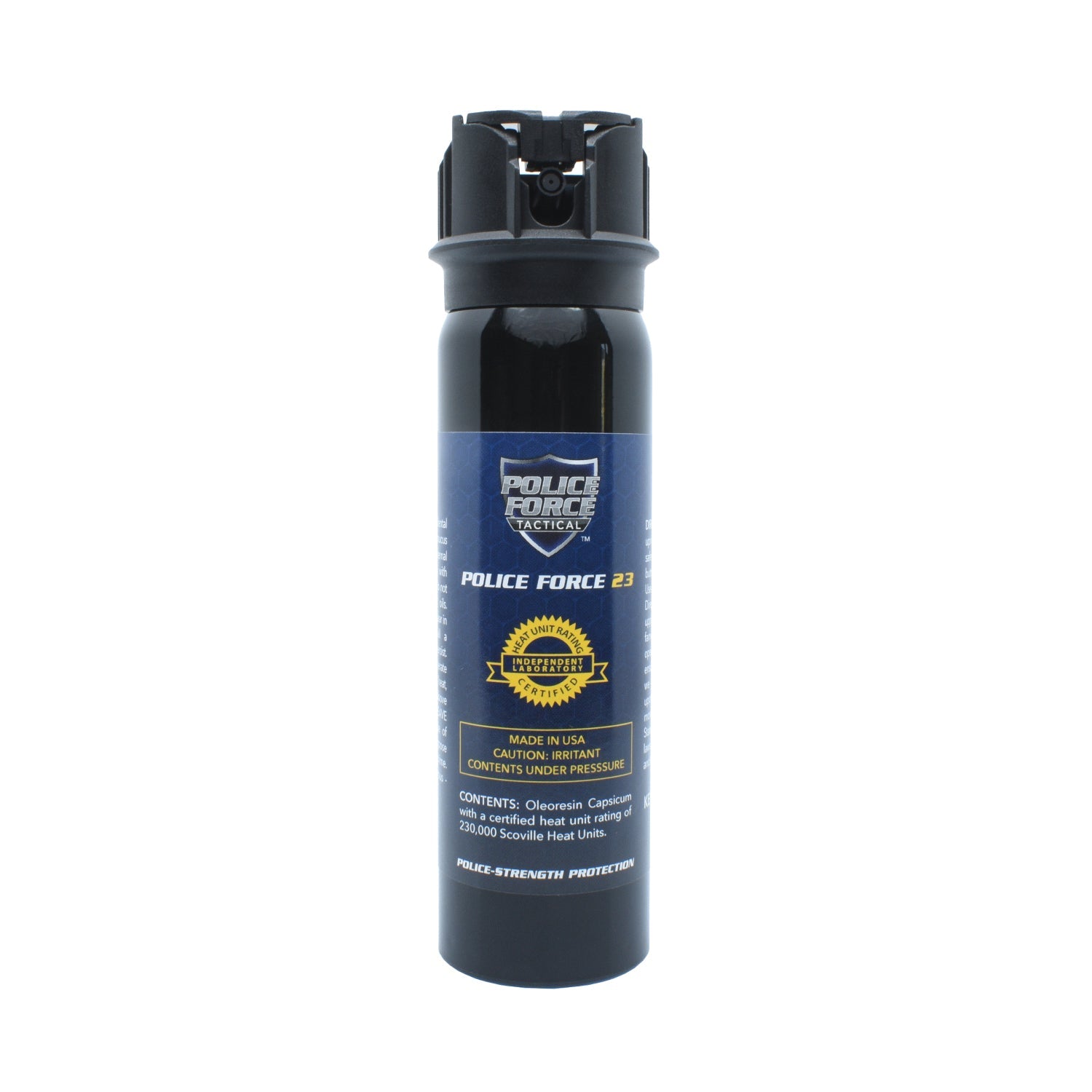 Police Force 23 stream pepper spray with flip top safety cap - compact personal defense spray, on white background.