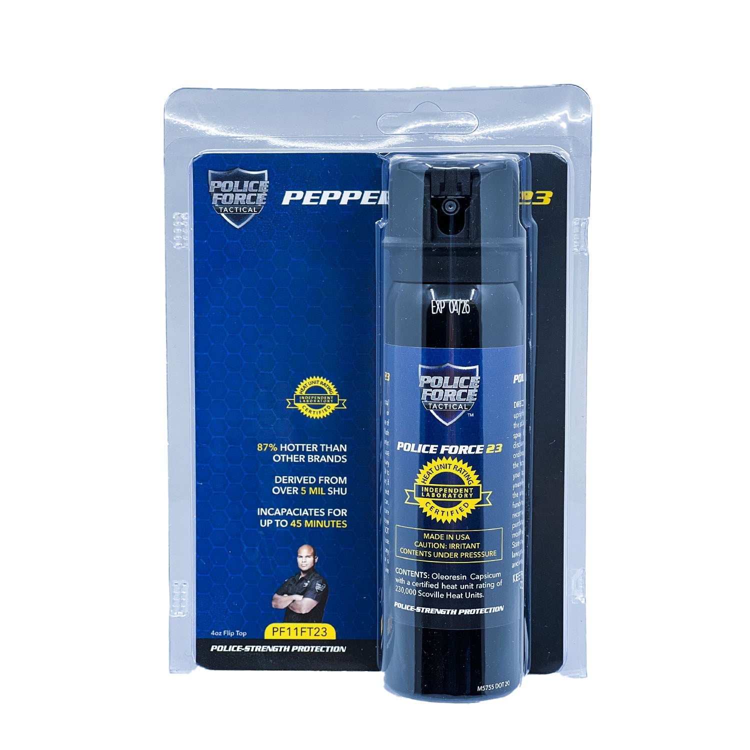 Police Force 23 stream pepper spray with flip top safety cap - compact personal defense spray, on white background.