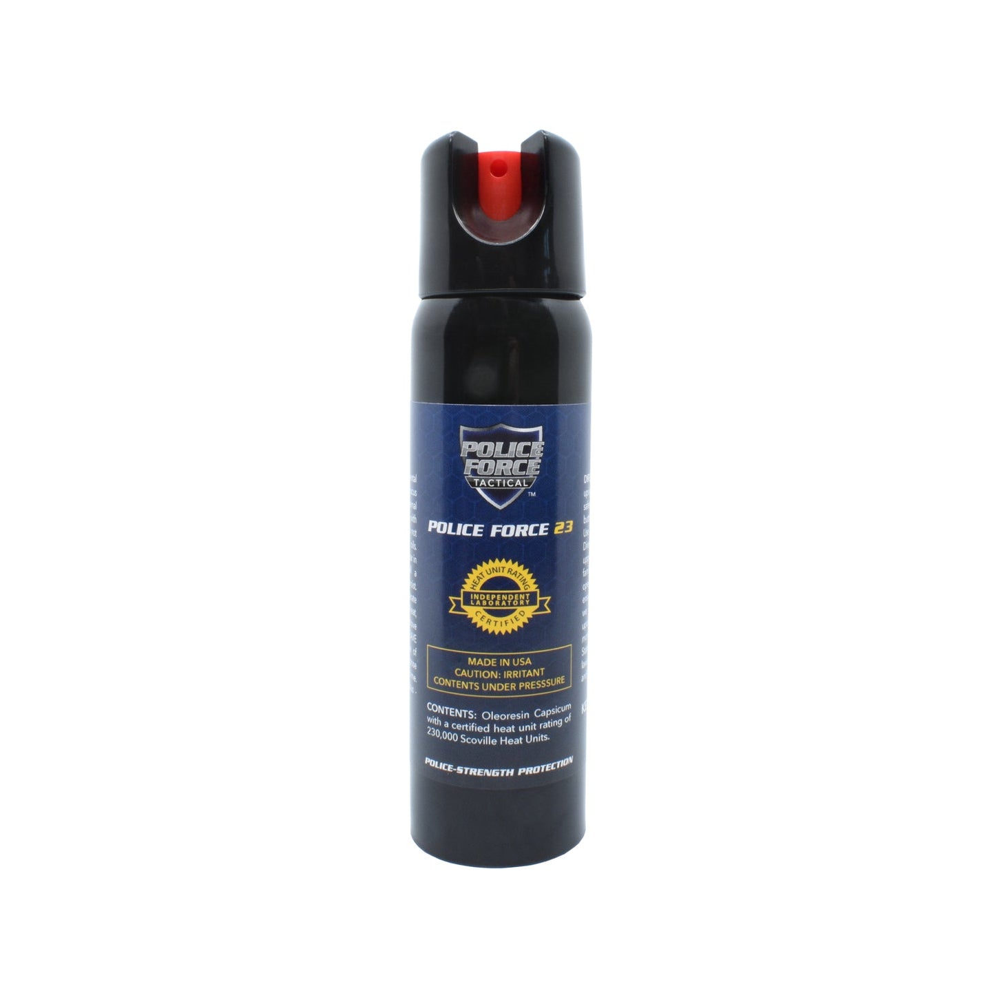 Police Force 23 Stream Pepper Spray with Twist Lock – compact self-defense spray featuring a twist-lock safety mechanism and a focused stream delivery for precise targeting and reduced blowback, in white background.