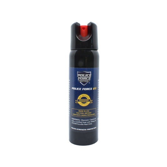 Police Force 23 Stream Pepper Spray with Twist Lock – compact self-defense spray featuring a twist-lock safety mechanism and a focused stream delivery for precise targeting and reduced blowback, in white background.