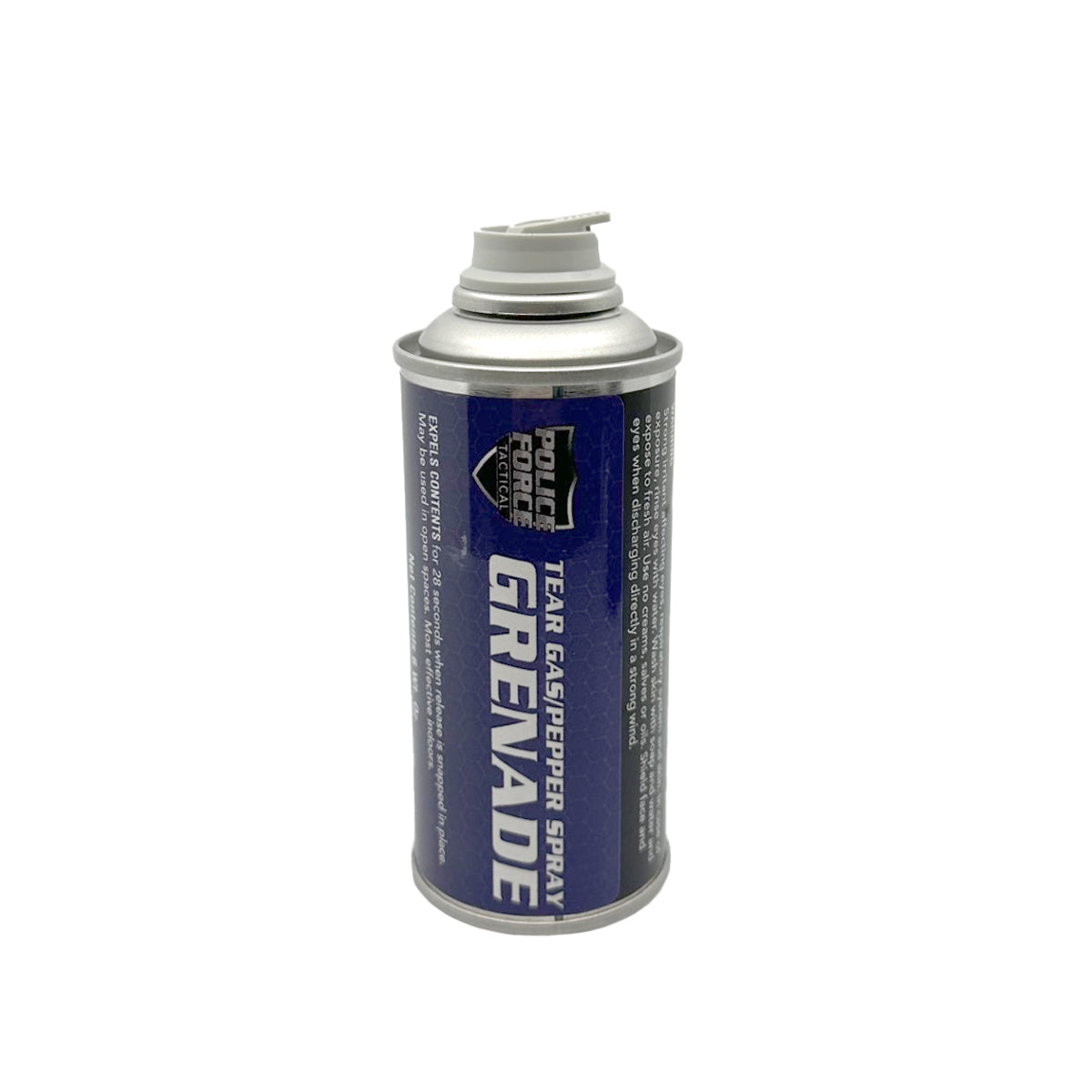 Police Force Tactical 6 oz Tear Gas/Pepper Spray Grenade – crowd-control device combining CS tear gas and OC pepper spray in a non-explosive 360° dispersal canister that emits a debilitating cloud within 28 seconds, causing intense eye, respiratory, and skin irritation for up to 45 minutes, in white background.
