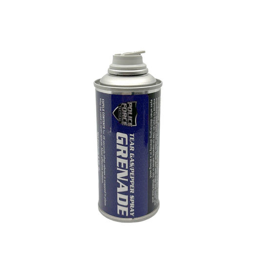 Police Force Tactical 6 oz Tear Gas/Pepper Spray Grenade – crowd-control device combining CS tear gas and OC pepper spray in a non-explosive 360° dispersal canister that emits a debilitating cloud within 28 seconds, causing intense eye, respiratory, and skin irritation for up to 45 minutes, in white background.