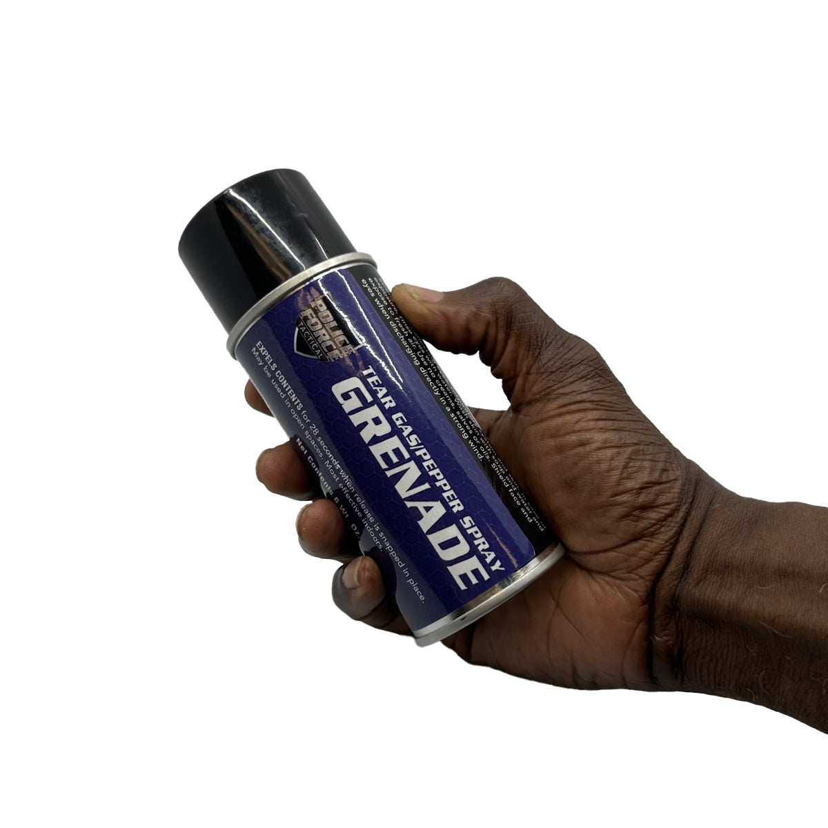 Someone holding Police Force Tactical 6 oz Tear Gas/Pepper Spray Grenade – crowd-control device combining CS tear gas and OC pepper spray in a non-explosive 360° dispersal canister that emits a debilitating cloud within 28 seconds, causing intense eye, respiratory, and skin irritation for up to 45 minutes, in white background.