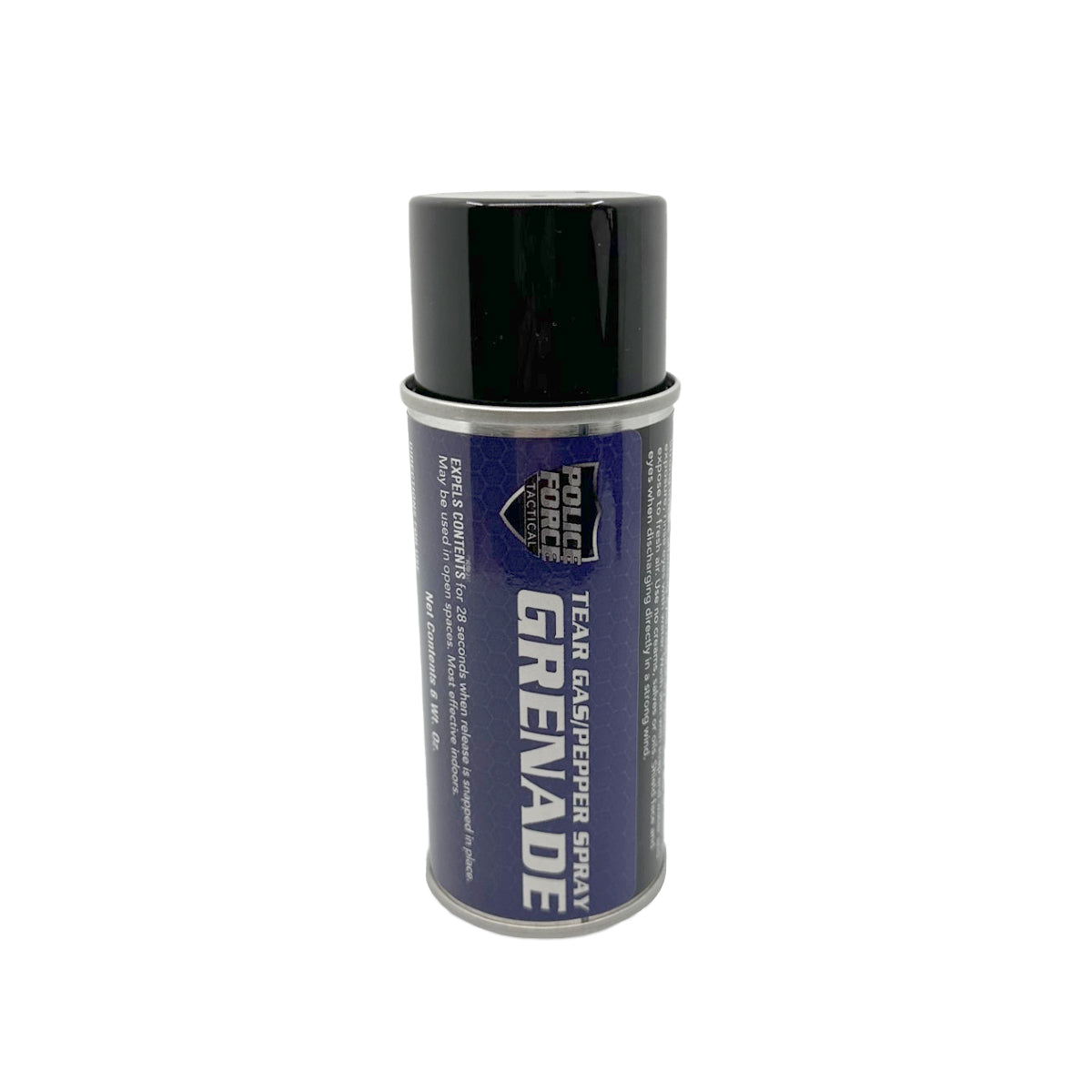 Police Force Tactical 6 oz Tear Gas/Pepper Spray Grenade – crowd-control device combining CS tear gas and OC pepper spray in a non-explosive 360° dispersal canister that emits a debilitating cloud within 28 seconds, causing intense eye, respiratory, and skin irritation for up to 45 minutes, in white background.