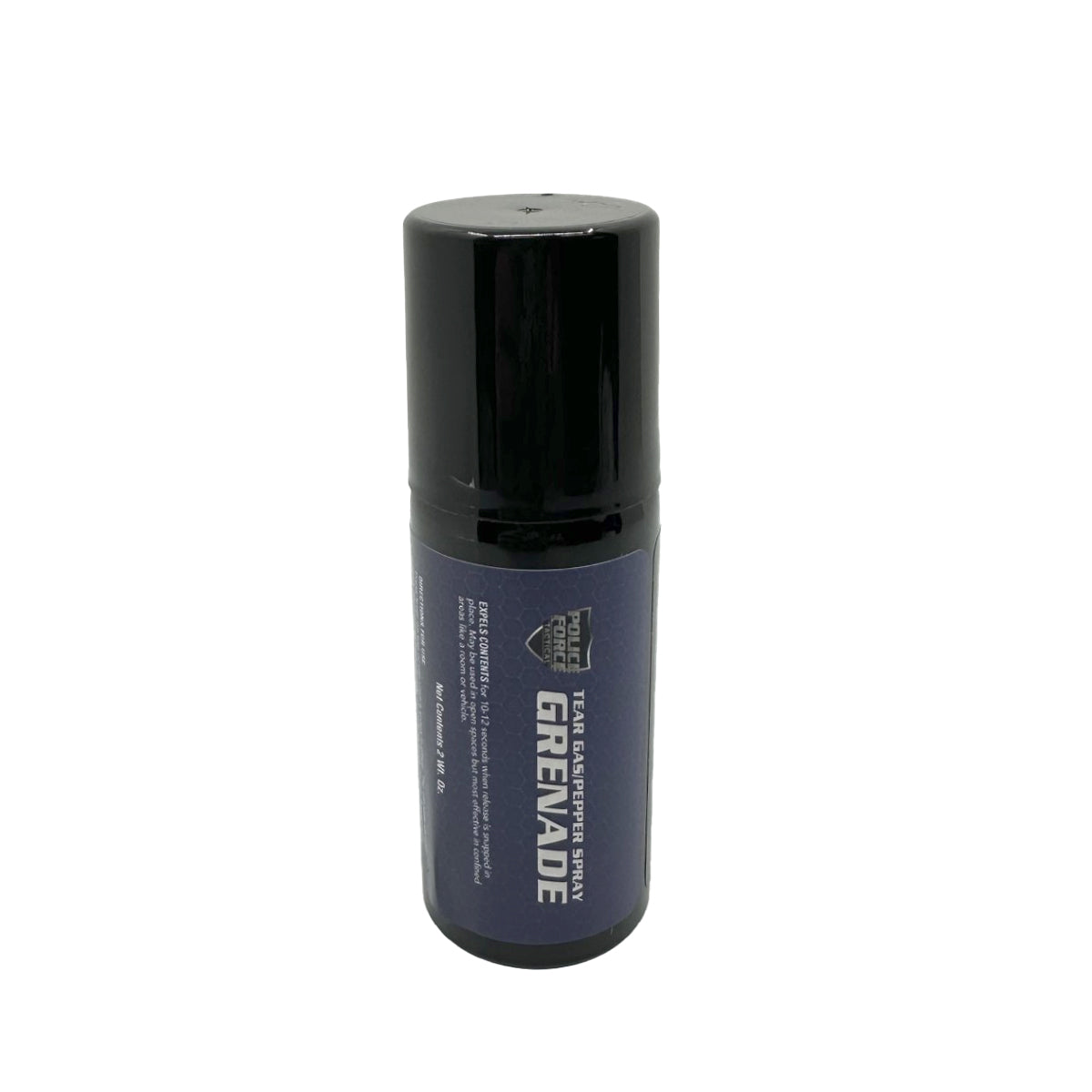 Police Force Tactical 6 oz Tear Gas/Pepper Spray Grenade – crowd-control device combining CS tear gas and OC pepper spray in a non-explosive 360° dispersal canister that emits a debilitating cloud within 28 seconds, causing intense eye, respiratory, and skin irritation for up to 45 minutes, in white background.