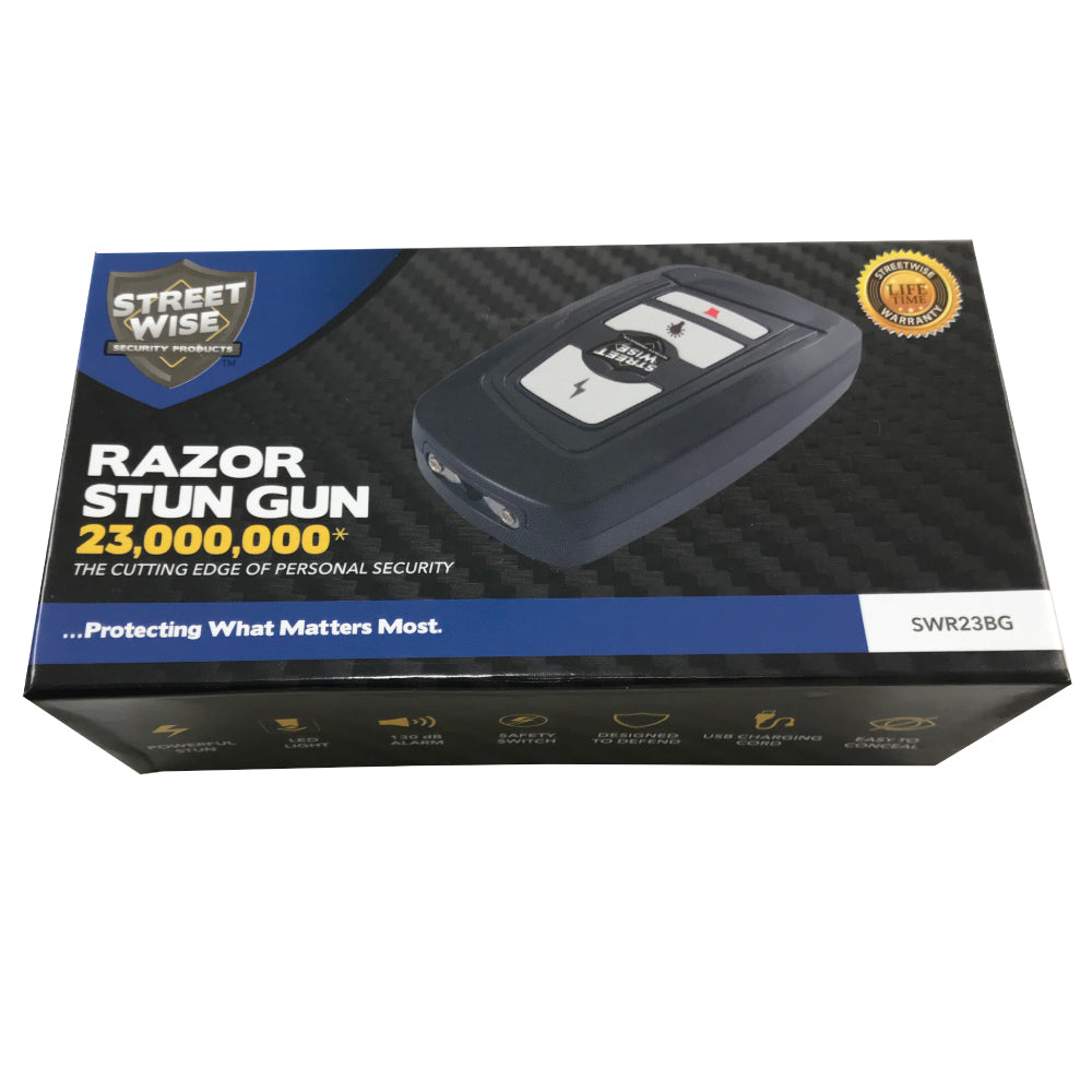 Product box of Razoer 23,000,000 Stun Gun - sleek and powerful self-defense tool with a slim design, combining high voltage output with easy protability, in white background.
