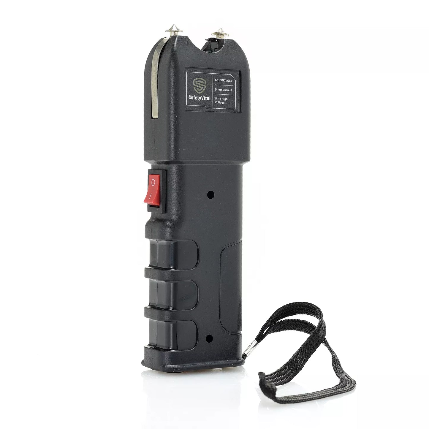 Safety Vital LED Flashlight Stun Gun – rechargeable self-defense device combining a 1,900 KV stun gun with a bright LED flashlight, grab‑guard stun strips, safety switch, rubberized grip, wrist strap, holster, and USB charging for reliable everyday protection, in white background.