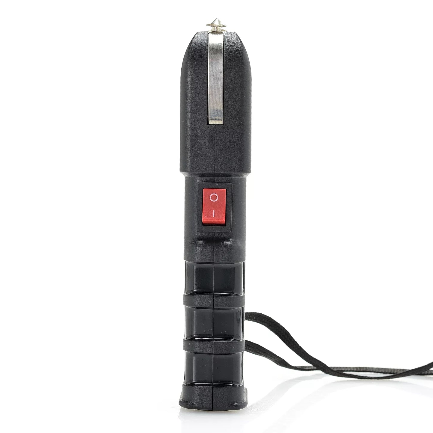 Safety Vital LED Flashlight Stun Gun – rechargeable self-defense device combining a 1,900 KV stun gun with a bright LED flashlight, grab‑guard stun strips, safety switch, rubberized grip, wrist strap, holster, and USB charging for reliable everyday protection, in white background.