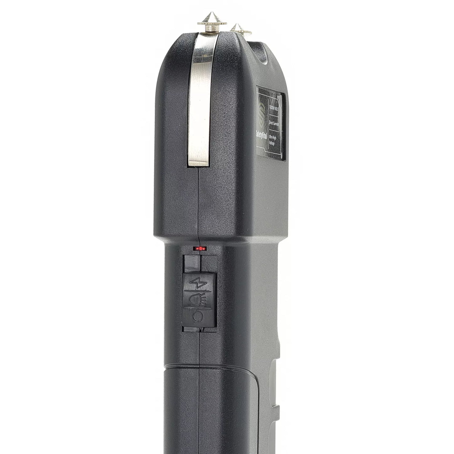 Safety Vital LED Flashlight Stun Gun – rechargeable self-defense device combining a 1,900 KV stun gun with a bright LED flashlight, grab‑guard stun strips, safety switch, rubberized grip, wrist strap, holster, and USB charging for reliable everyday protection, in white background.