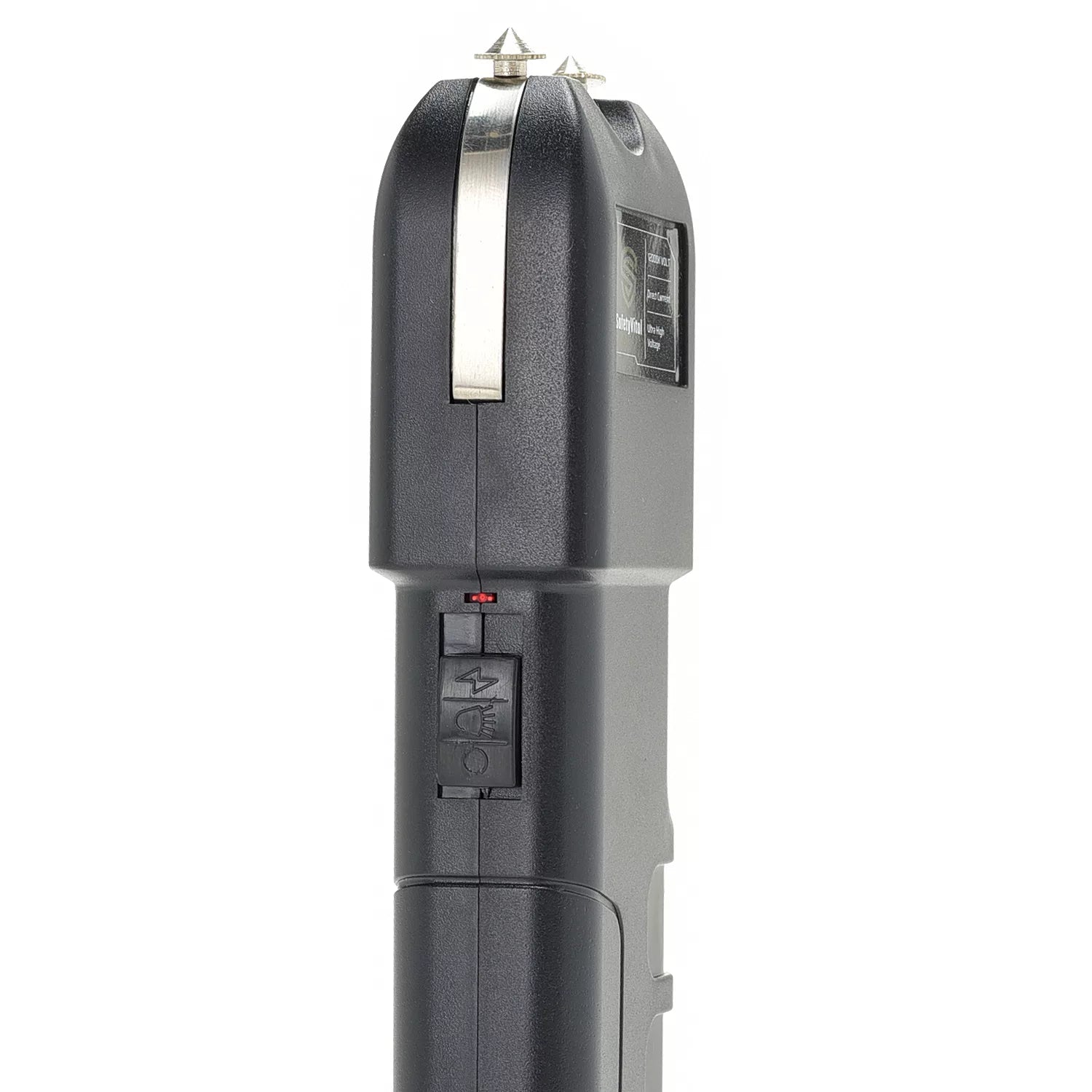 Safety Vital LED Flashlight Stun Gun – rechargeable self-defense device combining a 1,900 KV stun gun with a bright LED flashlight, grab‑guard stun strips, safety switch, rubberized grip, wrist strap, holster, and USB charging for reliable everyday protection, in white background.