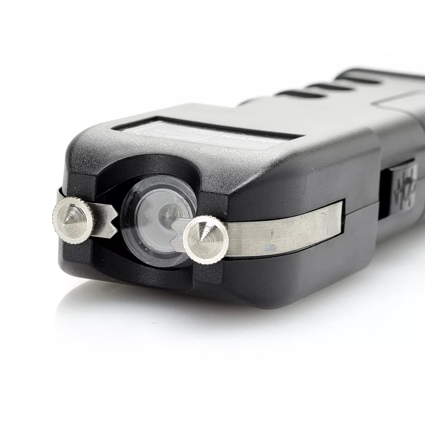 Safety Vital LED Flashlight Stun Gun – rechargeable self-defense device combining a 1,900 KV stun gun with a bright LED flashlight, grab‑guard stun strips, safety switch, rubberized grip, wrist strap, holster, and USB charging for reliable everyday protection, in white background.