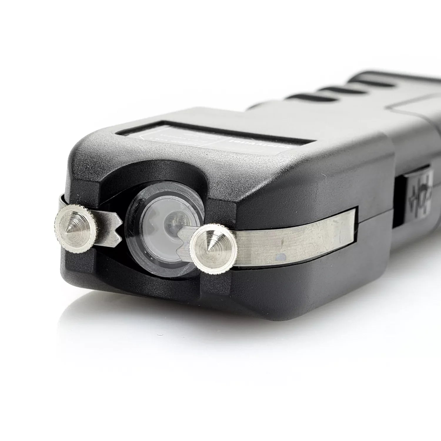 Safety Vital LED Flashlight Stun Gun – rechargeable self-defense device combining a 1,900 KV stun gun with a bright LED flashlight, grab‑guard stun strips, safety switch, rubberized grip, wrist strap, holster, and USB charging for reliable everyday protection, in white background.