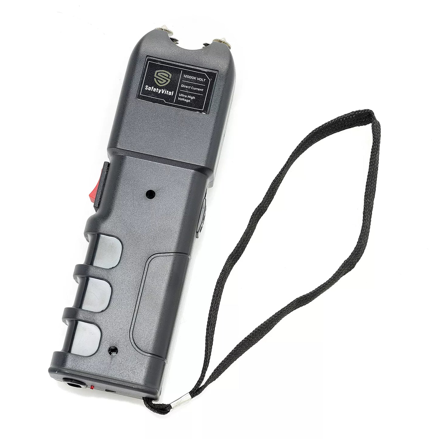 Safety Vital LED Flashlight Stun Gun – rechargeable self-defense device combining a 1,900 KV stun gun with a bright LED flashlight, grab‑guard stun strips, safety switch, rubberized grip, wrist strap, holster, and USB charging for reliable everyday protection, in white background.