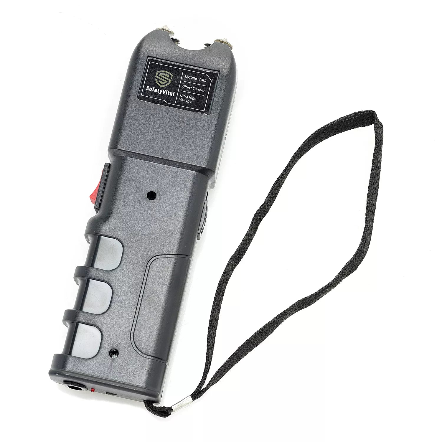 Safety Vital LED Flashlight Stun Gun – rechargeable self-defense device combining a 1,900 KV stun gun with a bright LED flashlight, grab‑guard stun strips, safety switch, rubberized grip, wrist strap, holster, and USB charging for reliable everyday protection, in white background.