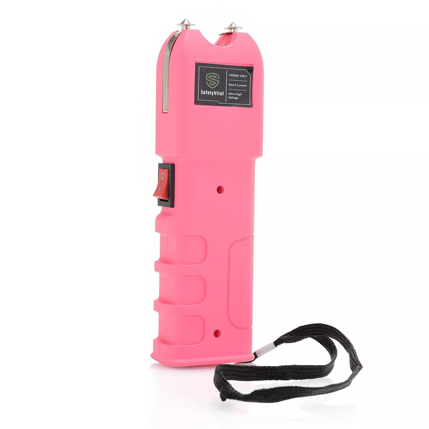 Safety Vital LED Flashlight Stun Gun – rechargeable self-defense device combining a 1,900 KV stun gun with a bright LED flashlight, grab‑guard stun strips, safety switch, rubberized grip, wrist strap, holster, and USB charging for reliable everyday protection, in white background.