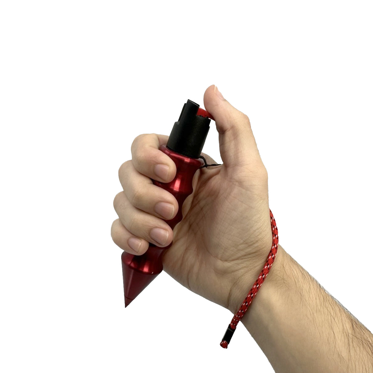 Someone holding Self‑Defense Hammer Spray – dual-action self-defense tool featuring a military‑grade aluminum kubotan with integrated pepper spray and striking tip, designed for both close‑quarters hammer strikes and up to 7 ft ranged sprays. Includes wrist strap, UV dye, DNA‑collecting grooves, and refillable 0.5 oz canister, in white background.