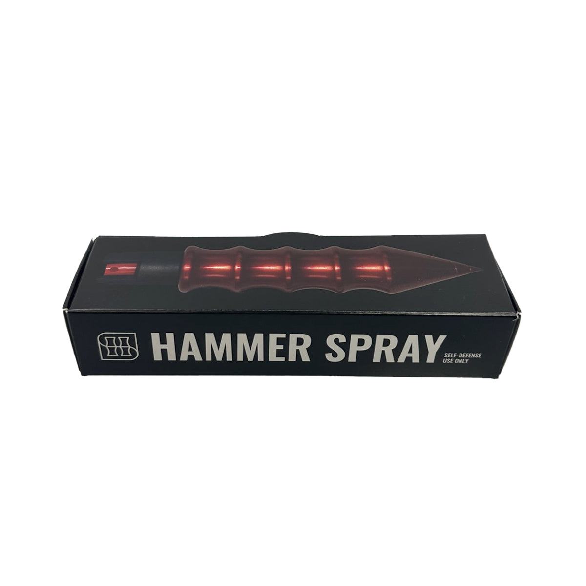 Product box for Self‑Defense Hammer Spray – dual-action self-defense tool featuring a military‑grade aluminum kubotan with integrated pepper spray and striking tip, designed for both close‑quarters hammer strikes and up to 7 ft ranged sprays. Includes wrist strap, UV dye, DNA‑collecting grooves, and refillable 0.5 oz canister, in white background.