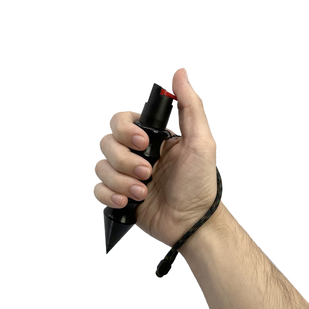 Self‑Defense Hammer Spray – dual-action self-defense tool featuring a military‑grade aluminum kubotan with integrated pepper spray and striking tip, designed for both close‑quarters hammer strikes and up to 7 ft ranged sprays. Includes wrist strap, UV dye, DNA‑collecting grooves, and refillable 0.5 oz canister, in white background.