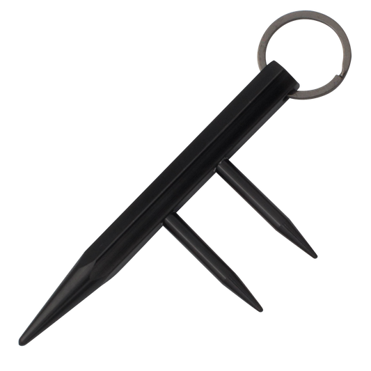 Self Defense Key Chain Two Prong Kubotan – compact and durable keychain weapon featuring two prongs for effective close-quarters self-defense, in checkered background.