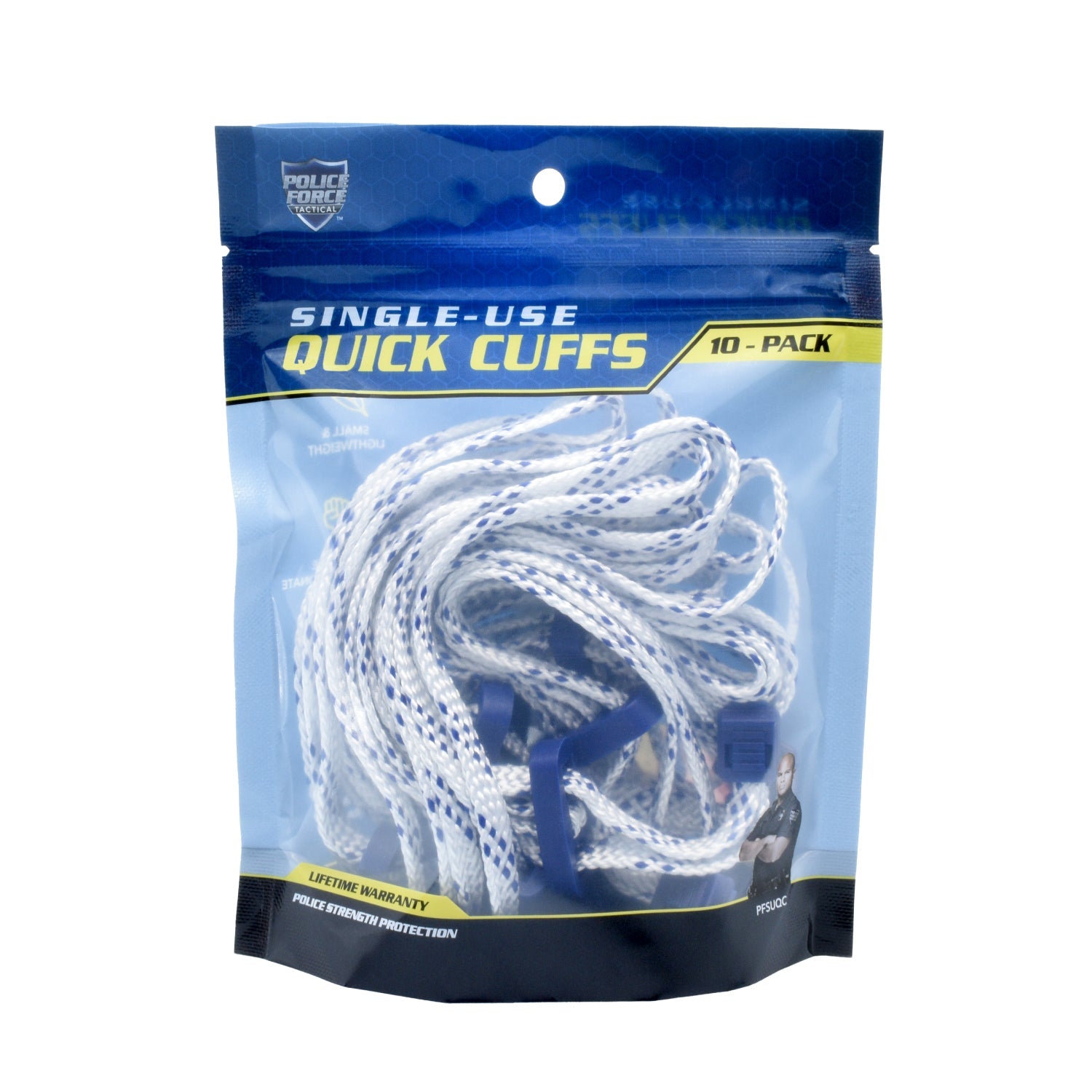 Package of Single Use Quick Cuffs 10 Pack - disposable and durable restraining cuffs designed for law enforcement, security, and emergency use, in white background.