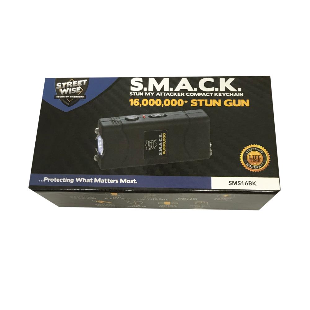 Product box of SMACK 16,000,000 Stun Gun - ultra-compact and powerful self-defense device designed to fit on a keychain for convenient everyday carry, in white background.