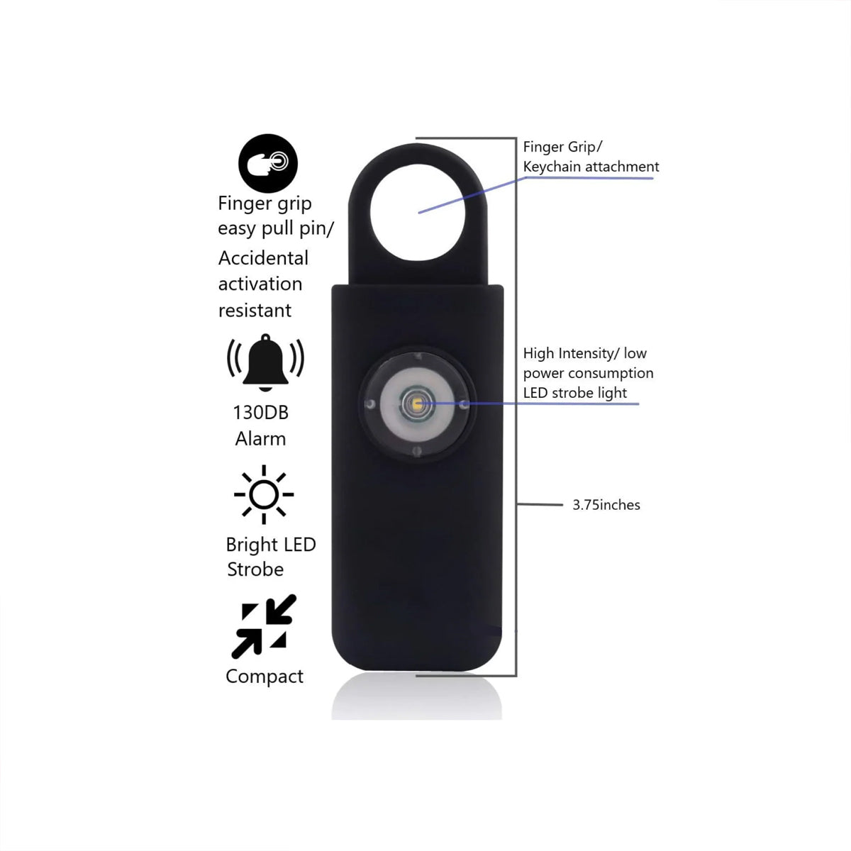 Features of SOS Pull Pin Alarm with Strobe Light – personal safety device featuring a loud pull-pin activated alarm and flashing strobe light for maximum visibility and protection.