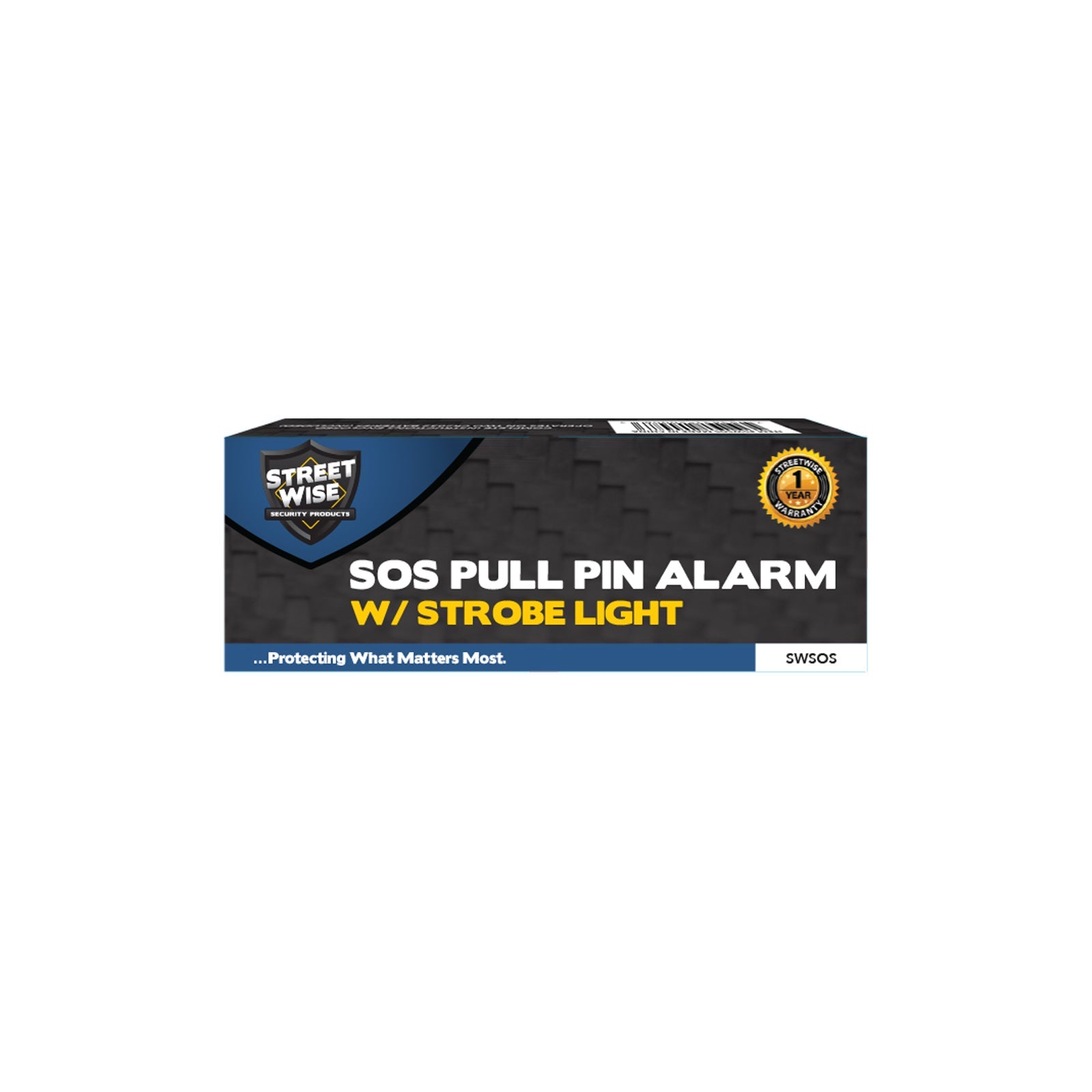 Product box for SOS Pull Pin Alarm with Strobe Light – personal safety device featuring a loud pull-pin activated alarm and flashing strobe light for maximum visibility and protection, in white background.