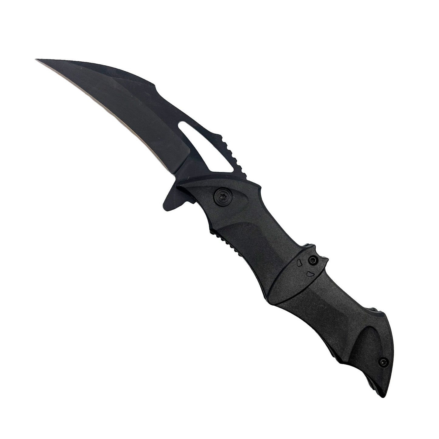 Spring Assisted Bat Knife with ABS Handle – folding knife featuring a 3.75" black stainless steel blade, spring-assisted opening, and a 5" black bat-shaped ABS handle with pocket clip, in white background.