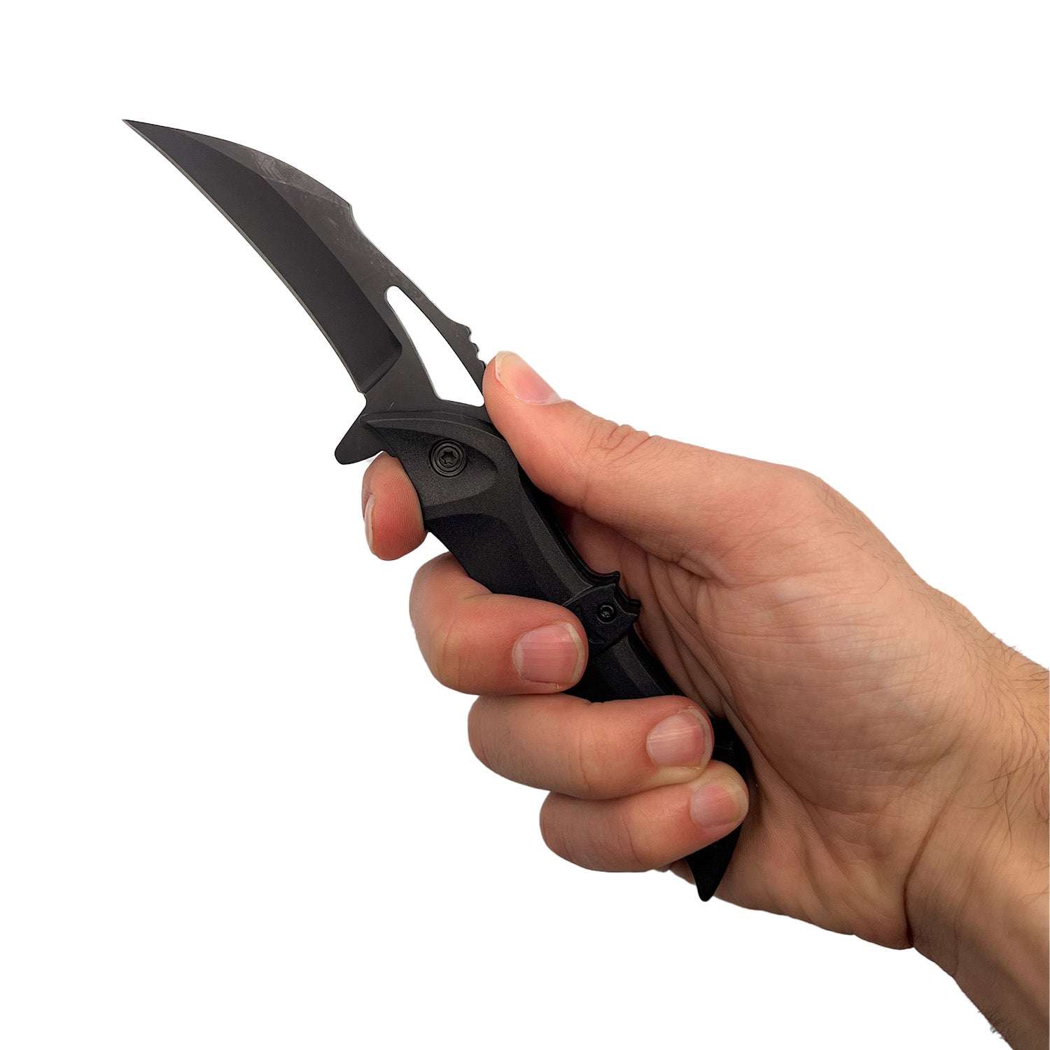 Someone one holding Spring Assisted Bat Knife with ABS Handle – folding knife featuring a 3.75" black stainless steel blade, spring-assisted opening, and a 5" black bat-shaped ABS handle with pocket clip, in white background.