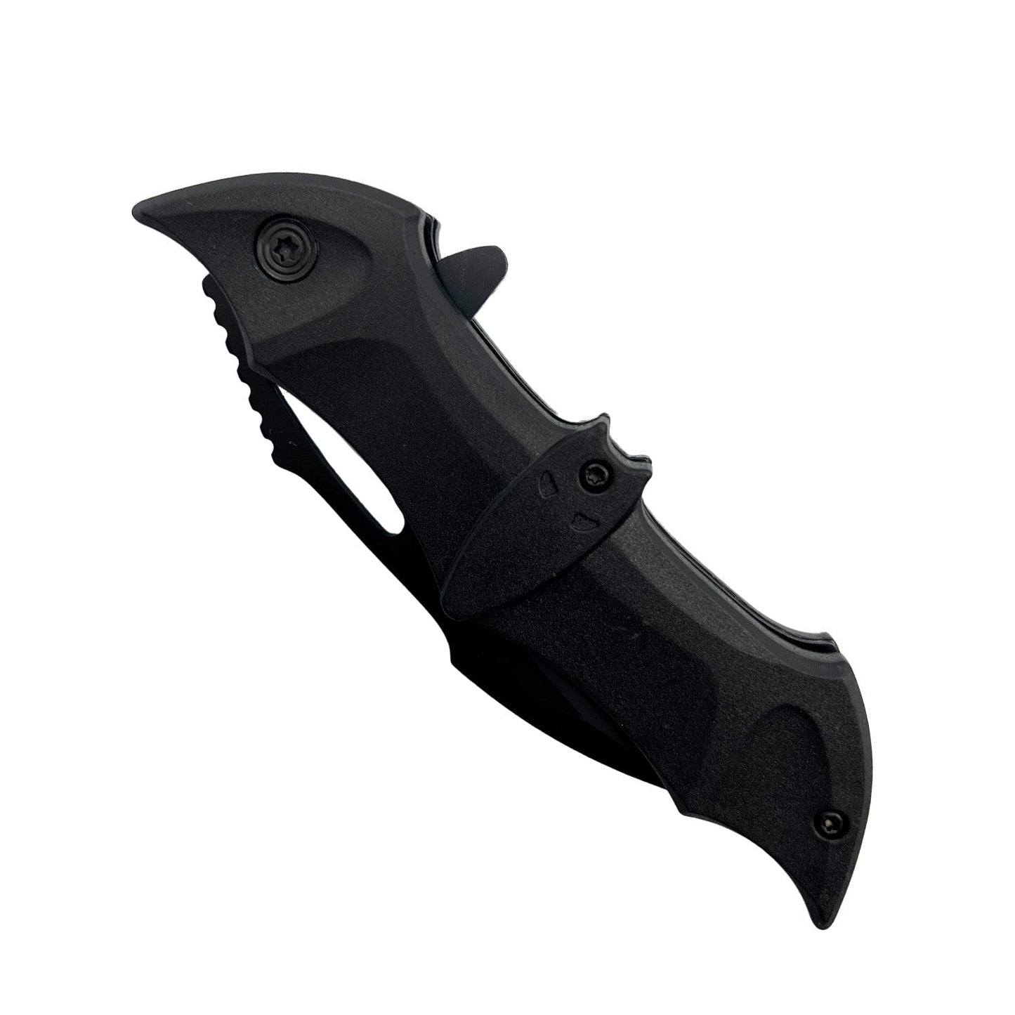 Spring Assisted Bat Knife with ABS Handle – folding knife featuring a 3.75" black stainless steel blade, spring-assisted opening, and a 5" black bat-shaped ABS handle with pocket clip, in white background.