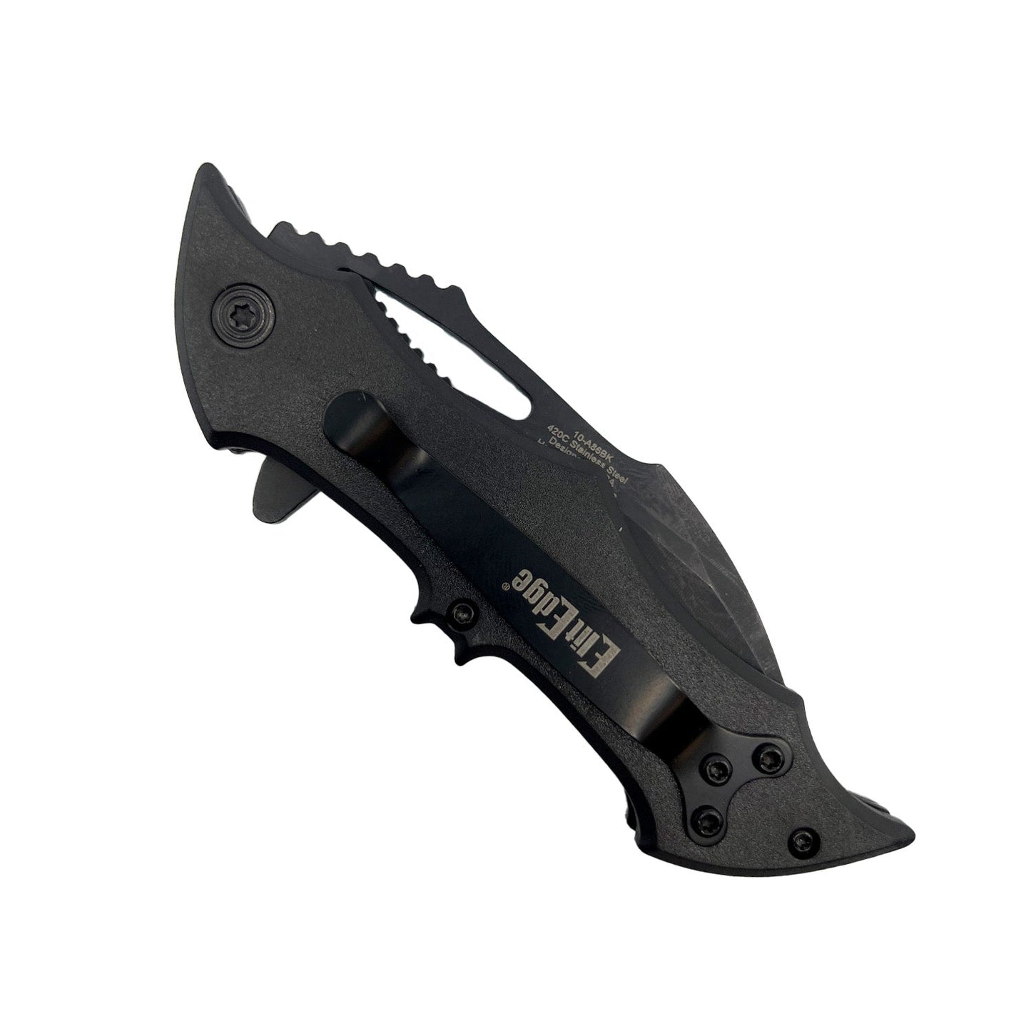 Spring Assisted Bat Knife with ABS Handle – folding knife featuring a 3.75" black stainless steel blade, spring-assisted opening, and a 5" black bat-shaped ABS handle with pocket clip, in white background.