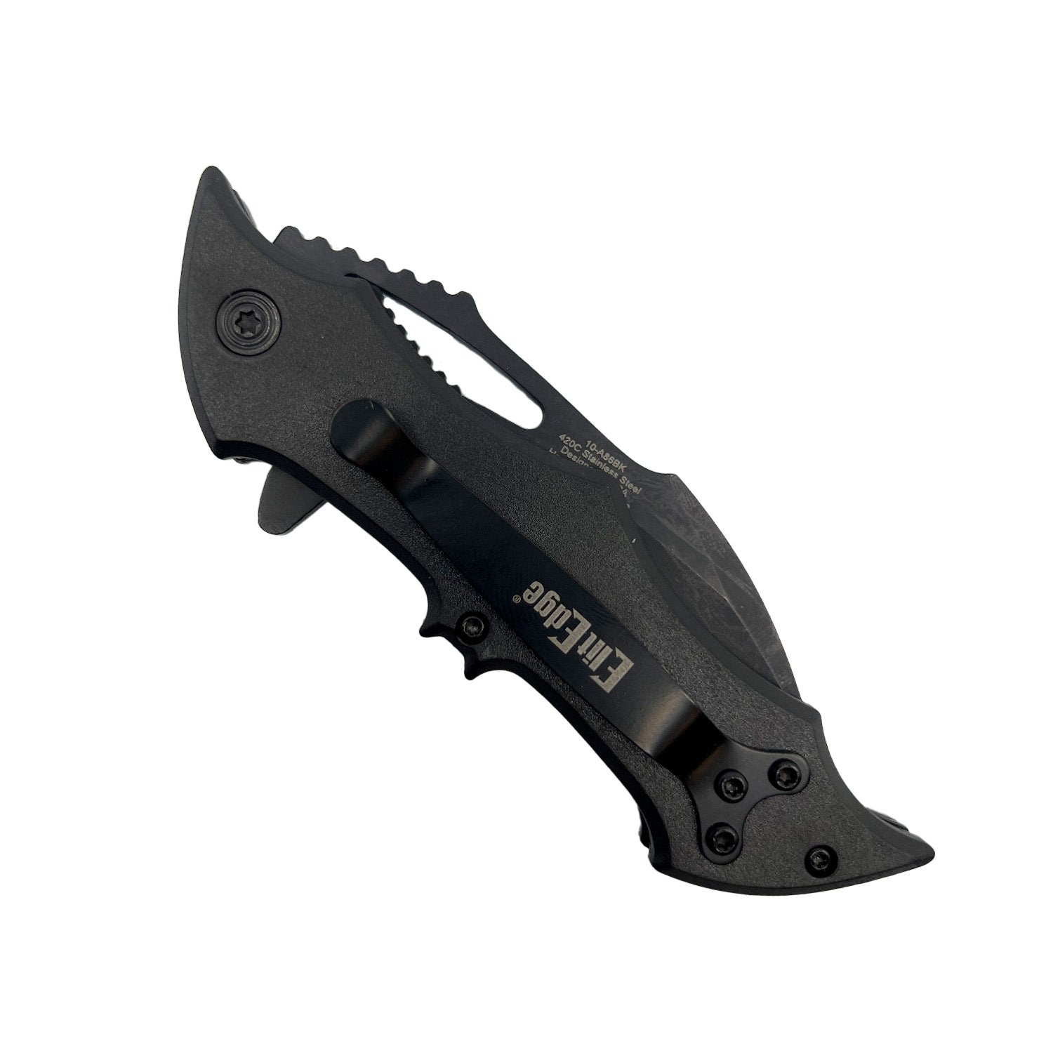 Spring Assisted Bat Knife with ABS Handle – folding knife featuring a 3.75" black stainless steel blade, spring-assisted opening, and a 5" black bat-shaped ABS handle with pocket clip, in white background.