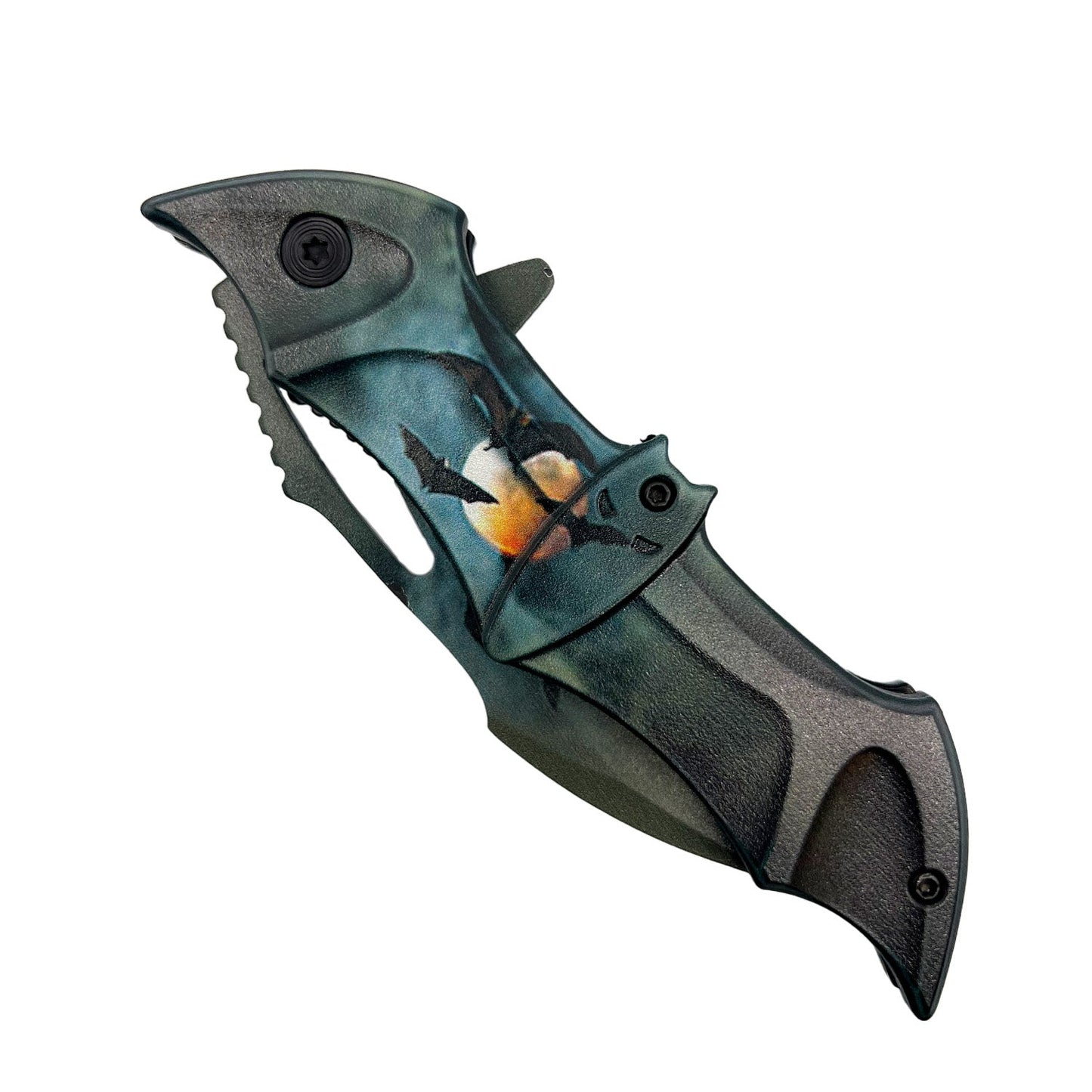 Spring Assisted Bat Knife with ABS Handle – folding knife featuring a 3.75" black stainless steel blade, spring-assisted opening, and a 5" black bat-shaped ABS handle with pocket clip, in white background.