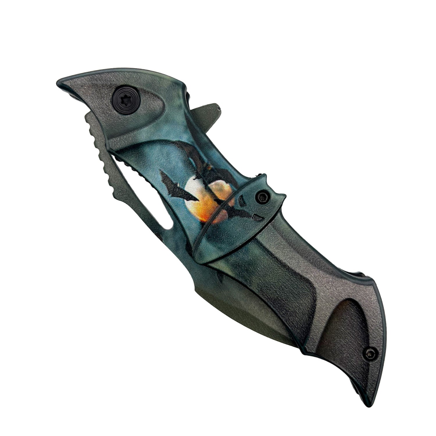 Spring Assisted Bat Knife with ABS Handle – folding knife featuring a 3.75" black stainless steel blade, spring-assisted opening, and a 5" black bat-shaped ABS handle with pocket clip, in white background.